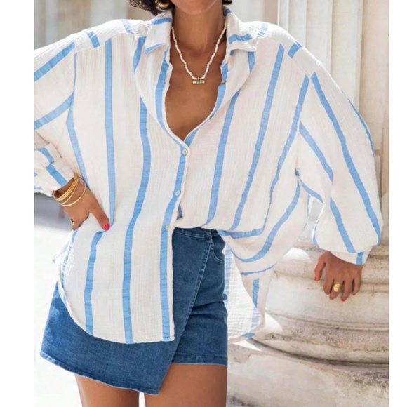 Blue on White Striped Oversized Button Down Shirt Long Sleeve - Picture 1 of 6